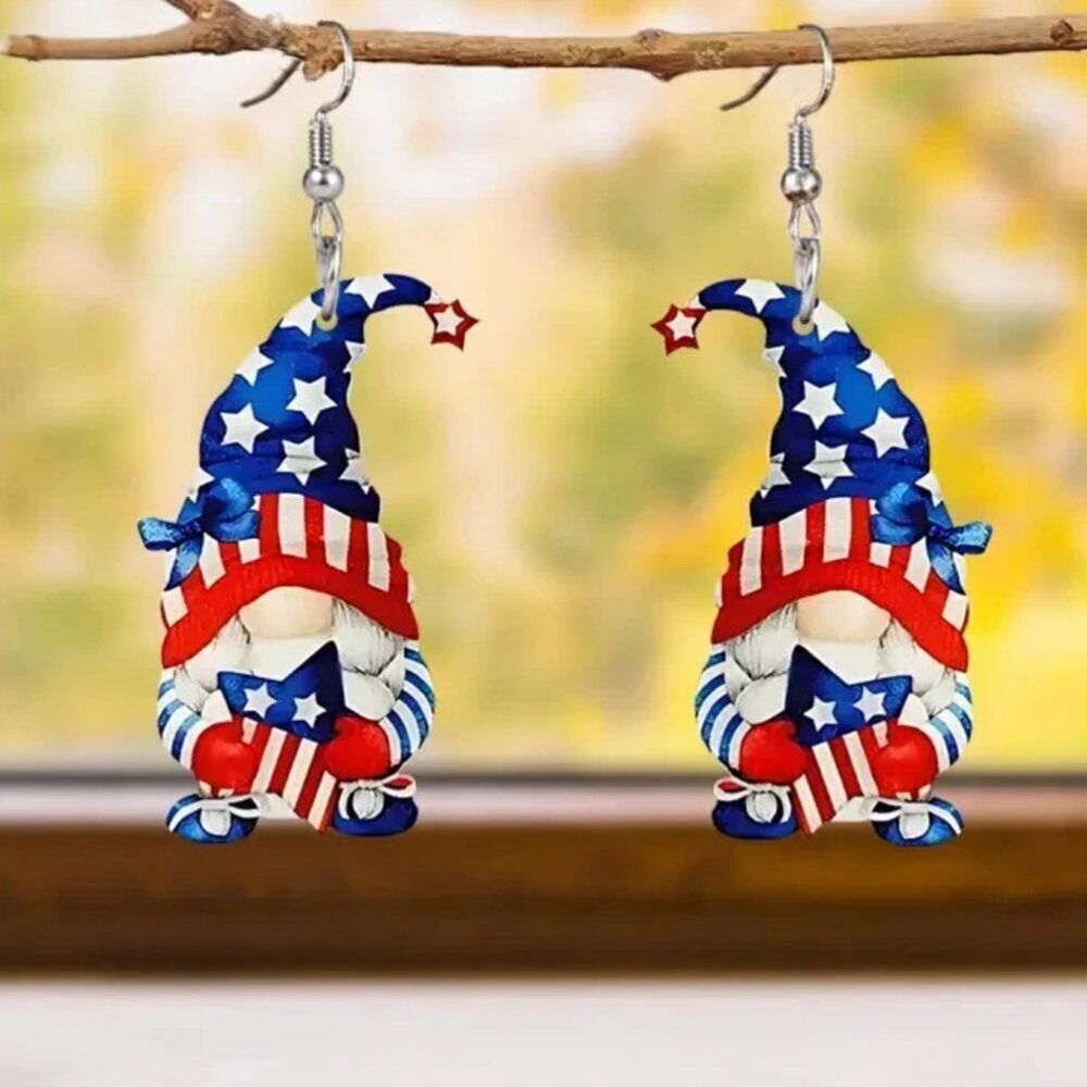 NWT Patriotic Gnome Acrylic Earrings Americana